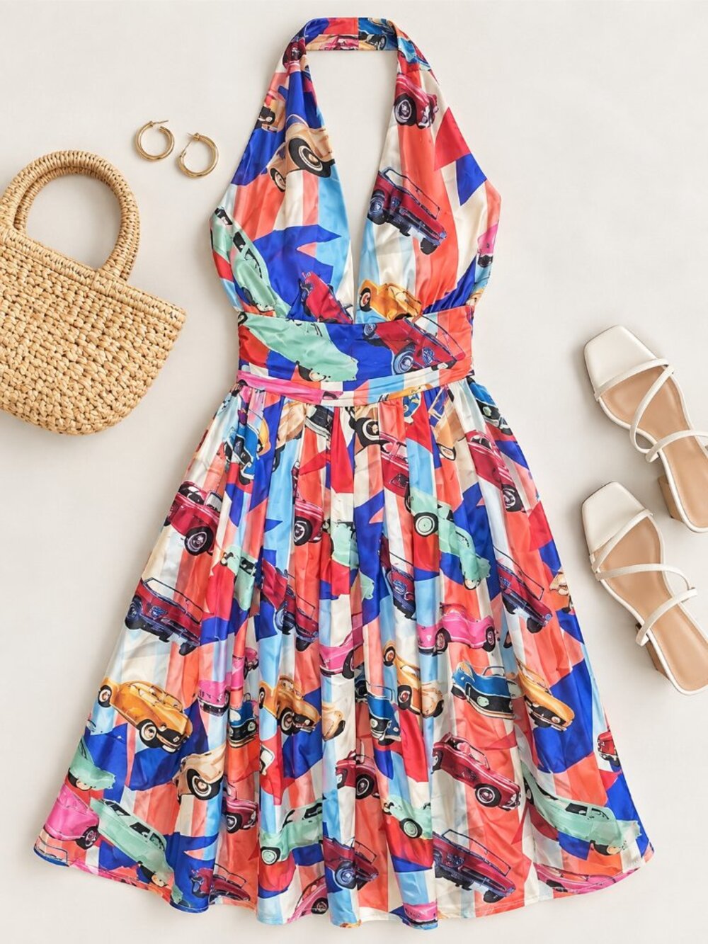 L'ATISTE Small Vintage Car Print Halter Dress Open Back Retro Novelty